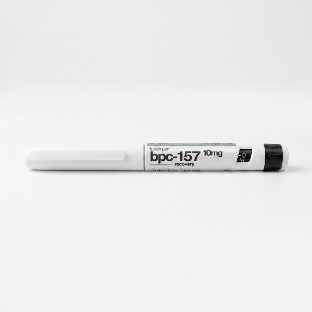White medical injection pen lying on a white surface, label reads 'fusion pen bpc-157 10mg' with a black dosage dial on the right side
