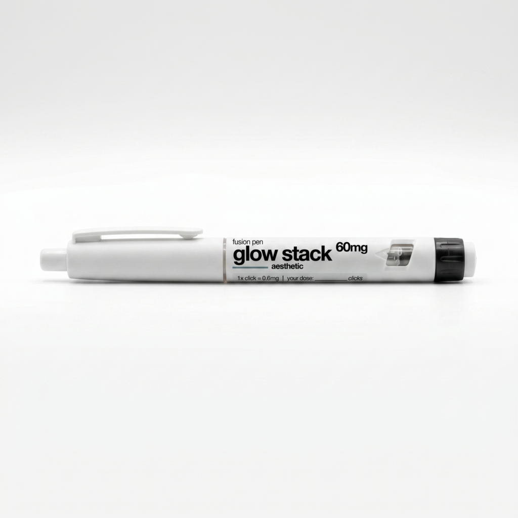 Close-up of a white peptide pen lying on a light surface, showing printed text like 'glow stack' and '60mg'.