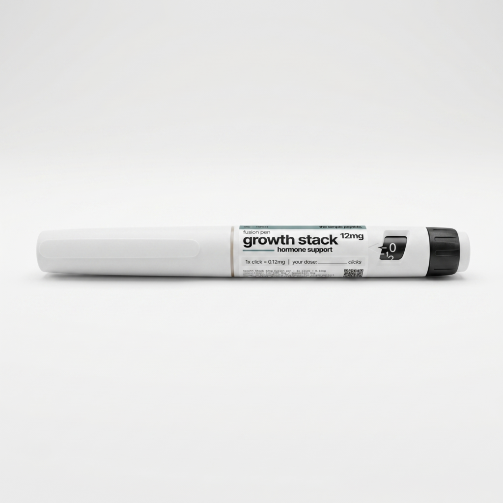 Close-up of a white peptide pen lying on a light surface, showing printed text like 'growth stack' and '12mg'.