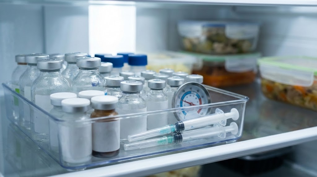 z9FYhnxfcc7TbhaIg29HrsmzRg - the simple peptide. Tray of glass vaccine vials with metal caps and two syringes in a cold storage fridge.